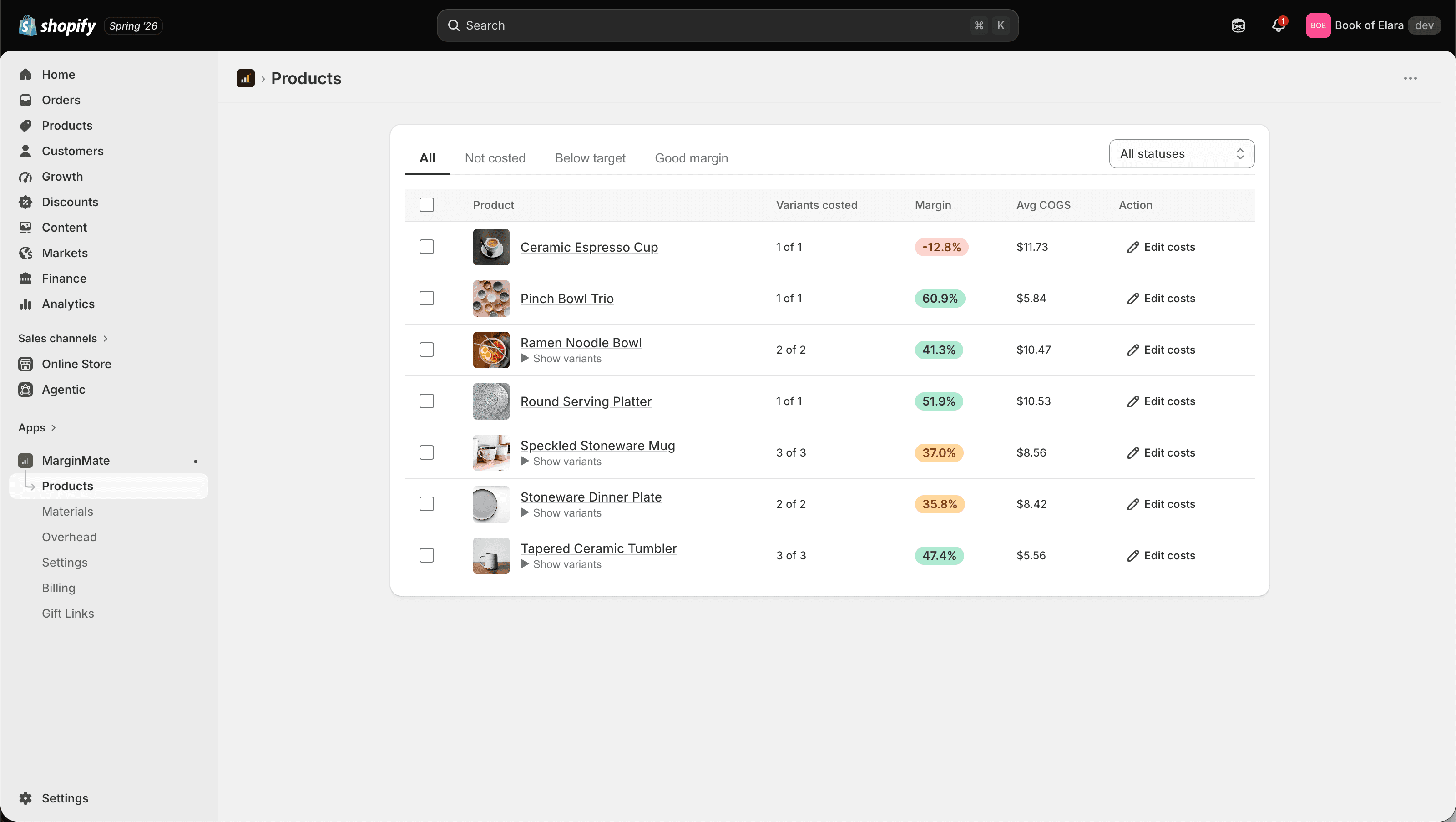 MarginMate's margin dashboard open inside the Shopify admin