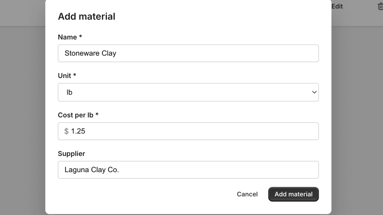Material Cost Builder in the MarginMate app